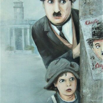 Painting titled "Charlie Chaplin. Au…" by Gennadii Misan, Original Artwork, Oil Mounted on Wood Stretcher frame