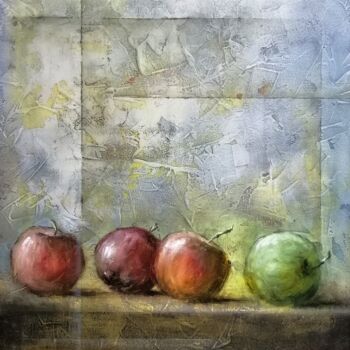 Painting titled "Art painting, apple…" by Gennadii Misan, Original Artwork, Oil Mounted on Wood Stretcher frame