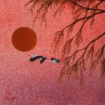 Painting titled "Cranes" by Gennady Gurev, Original Artwork, Oil