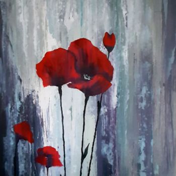 Painting titled "Poppies on gray" by Gennady Gurev, Original Artwork, Oil