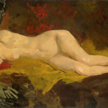 Anne, allongée nue sur un drap jaune