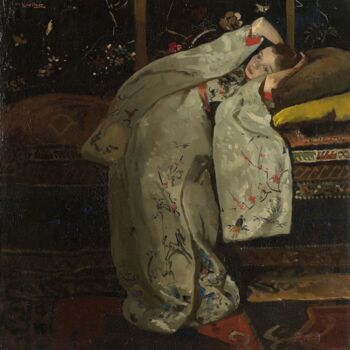 Schilderij getiteld "Fille en kimono bla…" door Georg Hendrik Breitner, Origineel Kunstwerk, Olie