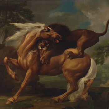 Painting titled "Cheval attaqué par…" by George Stubbs, Original Artwork, Oil