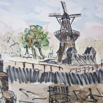 Painting titled "Moulin à Amsterdam…" by Georges Briot, Original Artwork, Oil