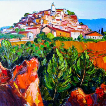 Painting titled "Village de Roussill…" by Georges Coulomb, Original Artwork, Oil Mounted on Wood Stretcher frame