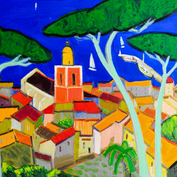 Painting titled "Les pins verts à Sa…" by Georges Coulomb, Original Artwork, Oil Mounted on Wood Stretcher frame