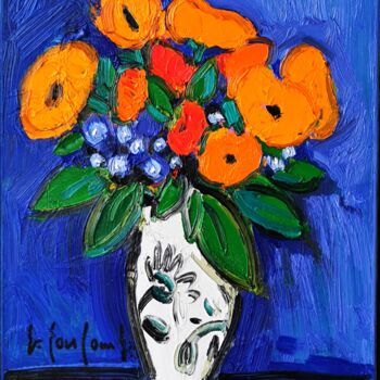 Painting titled "Bouquet au vase bla…" by Georges Coulomb, Original Artwork, Oil Mounted on Wood Stretcher frame