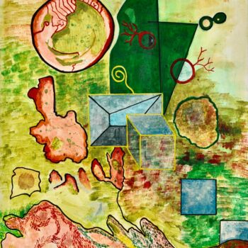 Schilderij getiteld "Chien, lapin, souris" door Georges Lievre, Origineel Kunstwerk, Acryl
