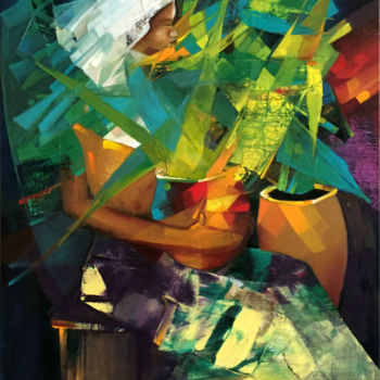 Peinture intitulée "femme a la…" par Georges M'Bourou, Œuvre d'art originale, Huile