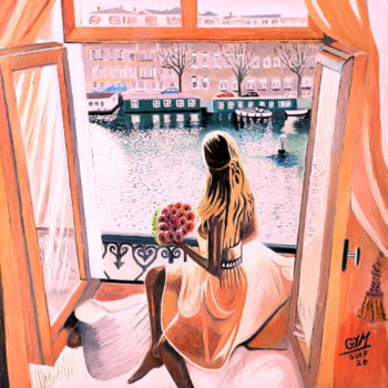 Schilderij getiteld "Jeune femme au bouq…" door Gym, Origineel Kunstwerk, Olie