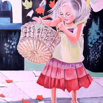 Peinture intitulée "La petite au panier…" par Gym, Œuvre d'art originale, Huile