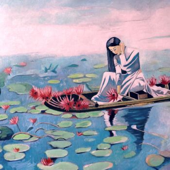 Painting titled "Cueillette de lotus" by Gym, Original Artwork, Oil