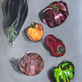 Painting titled "AUBERGINE TOMATES O…" by Georges Roques, Original Artwork, Acrylic