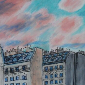 Dessin intitulée "Nuages et toits par…" par Georges Roques, Œuvre d'art originale, Pastel