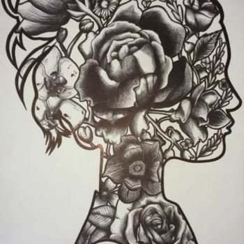 Dessin intitulée "Pensées florales" par Geo, Œuvre d'art originale, Stylo à bille