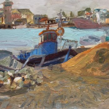 Peinture intitulée "Blue Tug, Olhao Por…" par Georgina Rey, Œuvre d'art originale, Huile