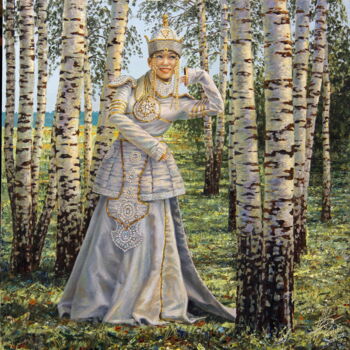Pintura titulada "Birch Girl (Tuvan f…" por Georgii Ineshin (Georgy Ineshin Gotcha), Obra de arte original, Oleo Montado en…