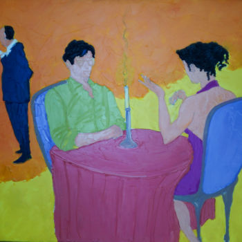 Картина под названием "Diner à la chandelle" - Sam Salahié, Подлинное произведение искусства, Масло
