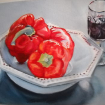 Malerei mit dem Titel "Poivrons rouges" von Gérald Janowski, Original-Kunstwerk, Aquarell