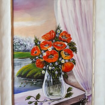 Malerei mit dem Titel "Poppies on a window…" von Geraldine Flahavan, Original-Kunstwerk, Acryl