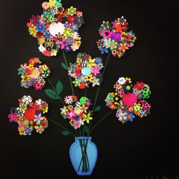 Collages titled "Les jolies fleurs" by Géraldine G., Original Artwork, Collages Mounted on Cardboard