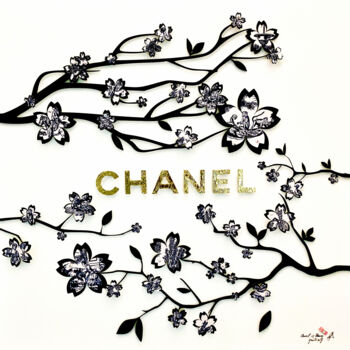 Collages intitulée "Chanel in bloom" par Géraldine G., Œuvre d'art originale, Acrylique Monté sur Panneau de bois