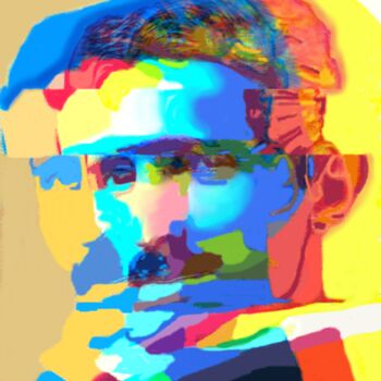 Digital Arts titled "Nikolas Tesla" by Geraldine Ragon, Original Artwork, Digital Painting Mounted on Aluminium