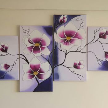 Painting titled "Poliptico de flores" by Geraldine Saavedra, Original Artwork, Acrylic Mounted on Wood Stretcher frame