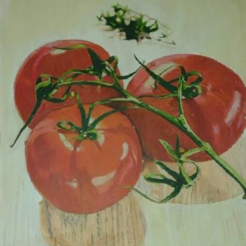 Painting titled "Tomates cosechados" by Geraldine Saavedra, Original Artwork, Pencil Mounted on Wood Stretcher frame