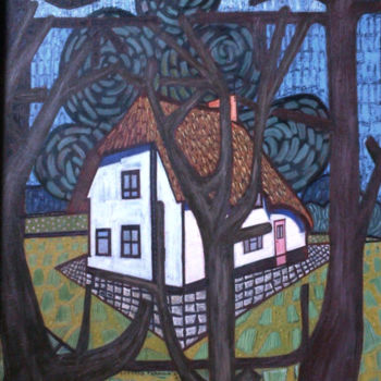 Painting titled "Cottage Through Tre…" by Gerald Shepherd F.F.P.S., Original Artwork, Oil