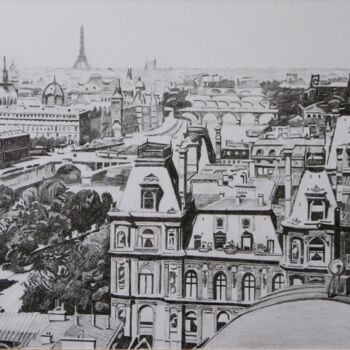 Drawing titled "Les ponts de Paris." by Gérard Baty, Original Artwork, Pencil