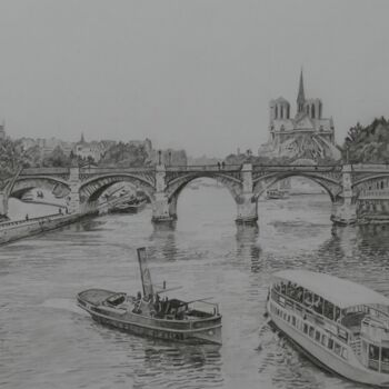 「La Seine et le pont…」というタイトルの描画 Gérard Batyによって, オリジナルのアートワーク