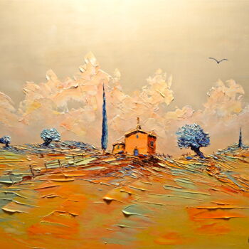 Painting titled "Campagne" by Gérard Crouzet, Original Artwork, Oil Mounted on Wood Stretcher frame