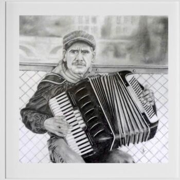 Drawing titled "accordéoniste sur l…" by Gerard Dessertine, Original Artwork, Pencil Mounted on Wood Panel