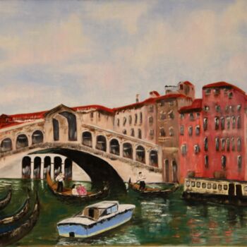 Painting titled "Le Rialto à Venise" by Gerard Fayet, Original Artwork, Oil Mounted on Wood Stretcher frame