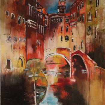 Painting titled "Ponts à Venise" by Gerard Fayet, Original Artwork, Oil Mounted on Wood Stretcher frame
