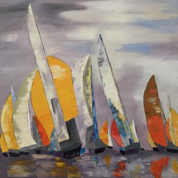 Painting titled "Voiliers en course" by Gerard Fayet, Original Artwork, Oil Mounted on Wood Stretcher frame