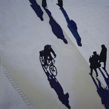 Painting titled "bike in the street" by Gerard Jouannet, Original Artwork, Acrylic Mounted on Wood Stretcher frame
