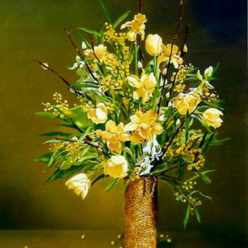 Painting titled "fleurs-jaune." by Gerard Monborren, Original Artwork, Oil Mounted on Wood Stretcher frame