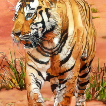 Painting titled "TIGRE DU BENGALE" by Gerard Monborren, Original Artwork, Oil Mounted on Wood Stretcher frame