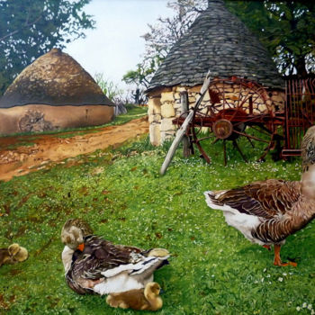 Painting titled "Ferme du Gers" by Gerard Monborren, Original Artwork, Oil Mounted on Wood Stretcher frame