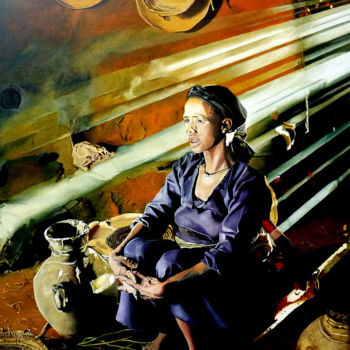 Malerei mit dem Titel "Femme dans la grotte" von Gerard Monborren, Original-Kunstwerk, Öl