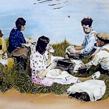 Schilderij getiteld "dejeuner sur l'herbe" door Gerard Monborren, Origineel Kunstwerk, Olie