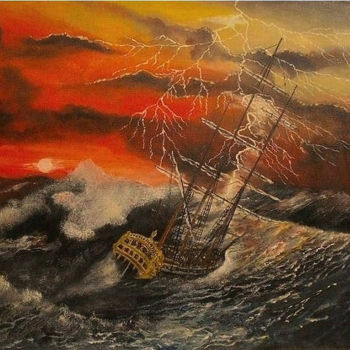 Painting titled "L'orage en mer" by Gérard Pinel, Original Artwork, Oil