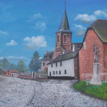 Malerei mit dem Titel "Mon village LA FLAM…" von Gérard Pinel, Original-Kunstwerk, Öl