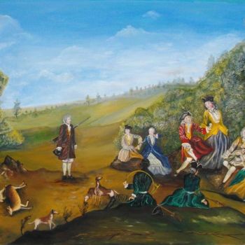 Painting titled "La Halte de chasse" by Gérard Pinel, Original Artwork, Oil