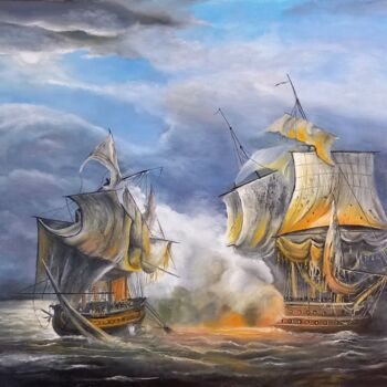 Peinture intitulée "combat naval entre…" par Gérard Pinel, Œuvre d'art originale, Huile Monté sur Châssis en bois