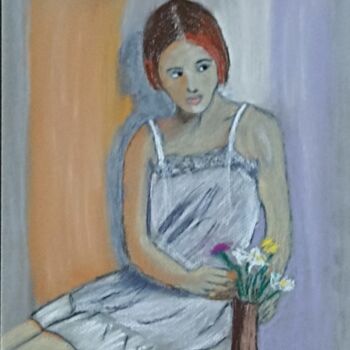 Drawing titled "Femme aux bouquets" by Gerard Pompee, Original Artwork, Pastel