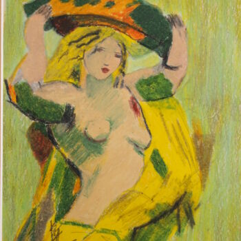 Pintura intitulada "Femme Au Chapeau" por Gerard Pompee, Obras de arte originais, Pastel