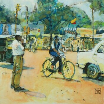 Pittura intitolato "Cycliste de Mysore" da Gérard Valluet, Opera d'arte originale, Olio